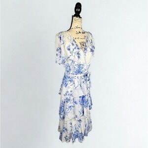 Calvin Klein Midi Dress Blue Floral Faux Wrap Tiered Ruffle CD4H6313 Size 8